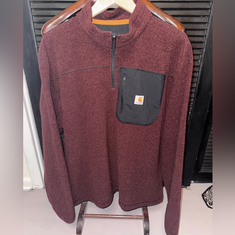 Carhartt Men's Burgundy Zip-Up Sweater with Black Pocket